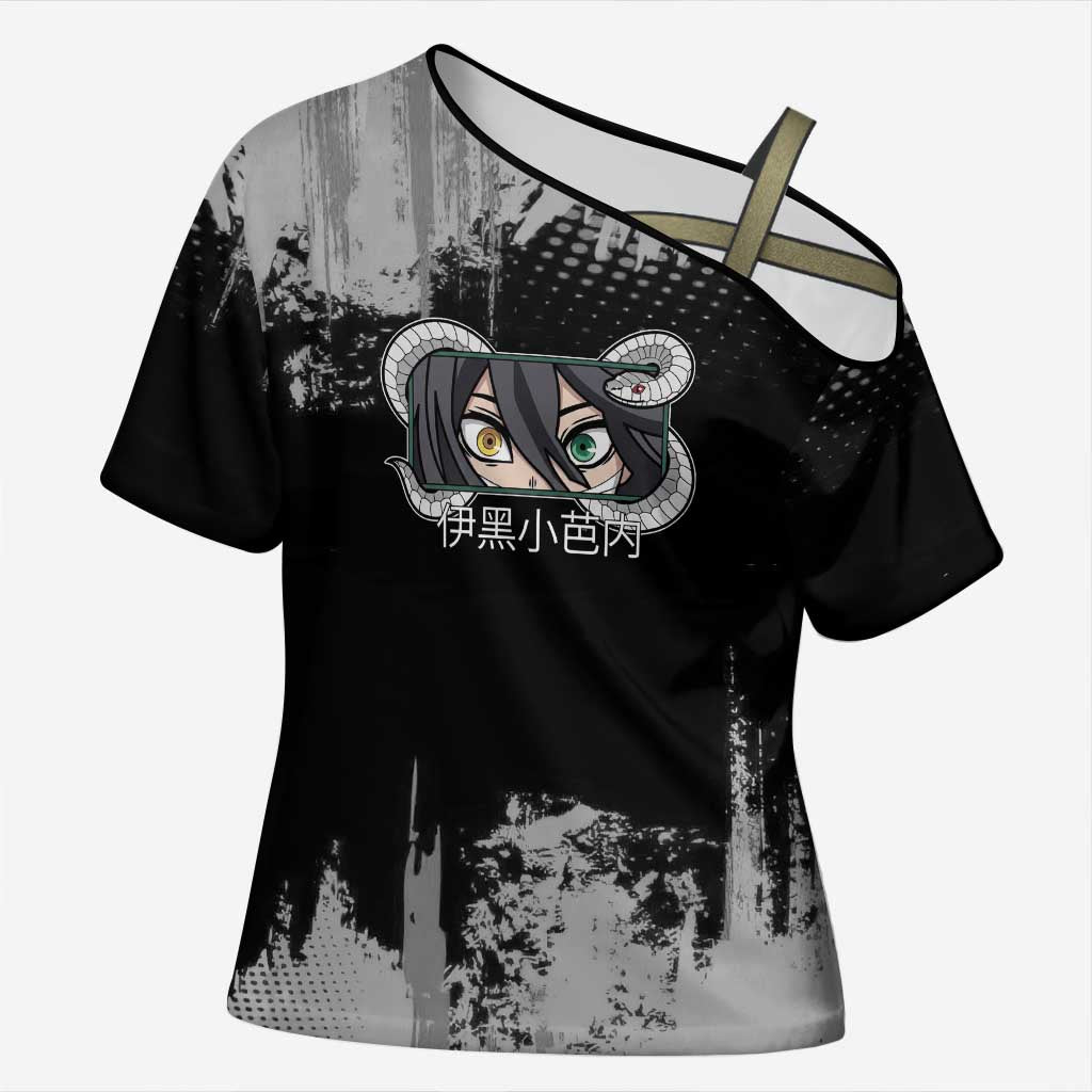 Obanai Iguro Demon Slayer Monochrome Cross Shoulder Shirt Design with Snake and Grunge Texture - The Mazicc