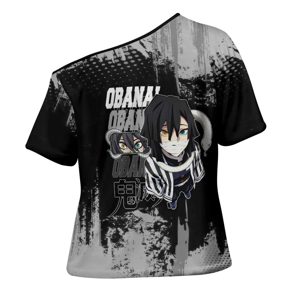 Obanai Iguro Demon Slayer Monochrome Cross Shoulder Shirt Design with Snake and Grunge Texture - The Mazicc