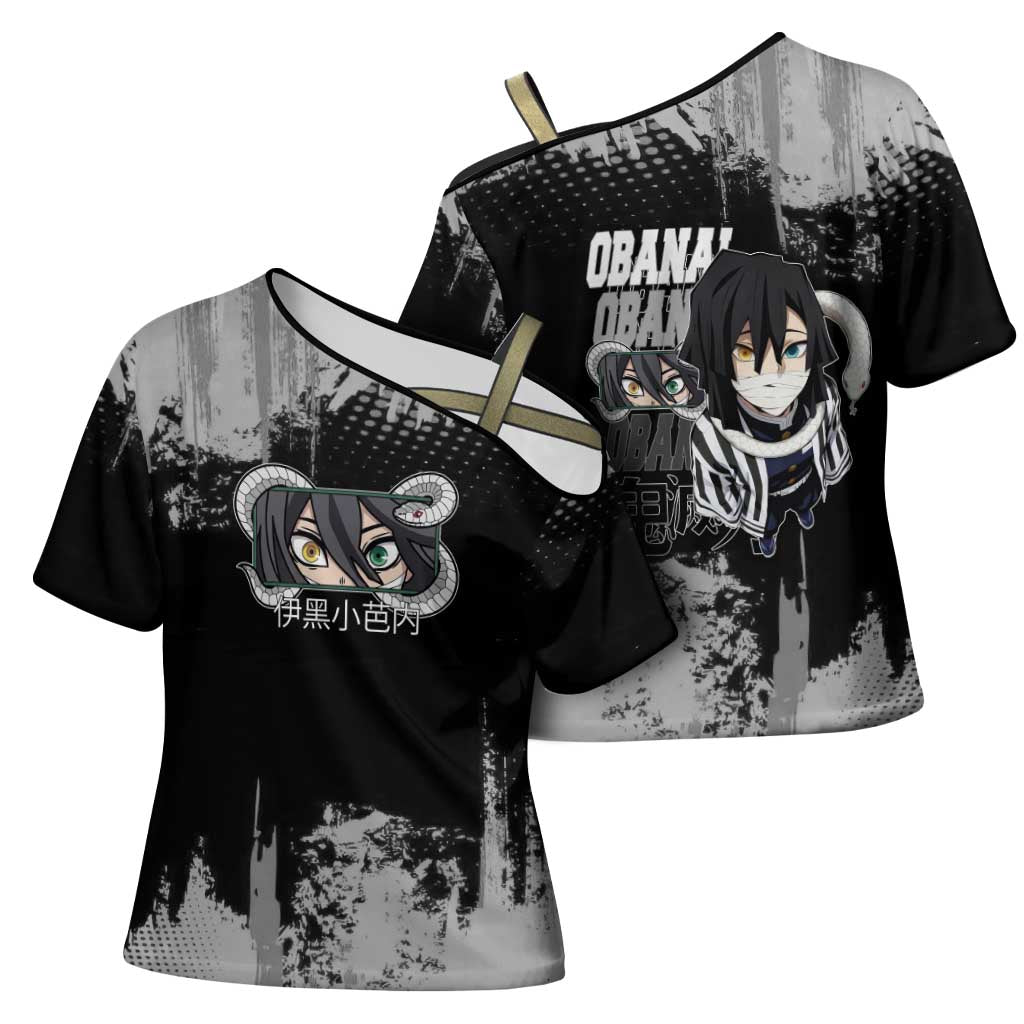 Obanai Iguro Demon Slayer Monochrome Cross Shoulder Shirt Design with Snake and Grunge Texture - The Mazicc