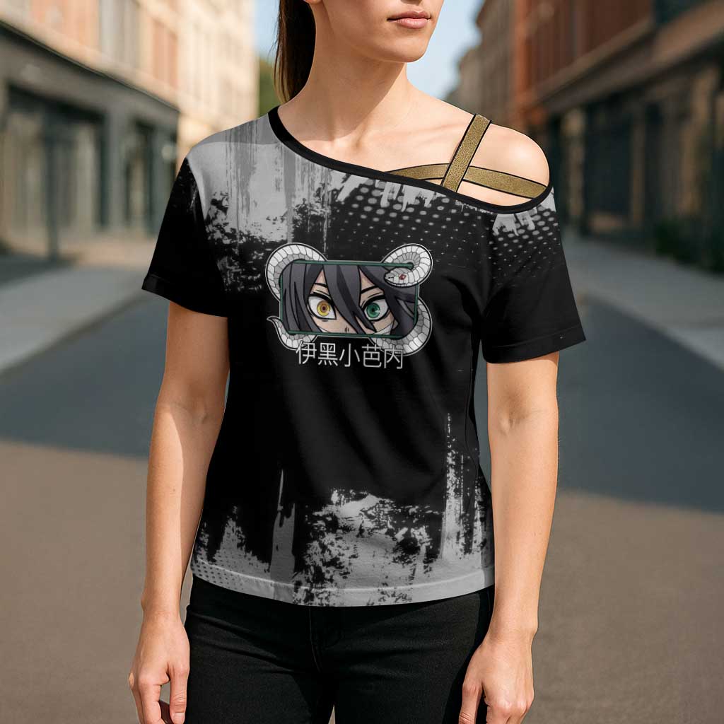 Obanai Iguro Demon Slayer Monochrome Cross Shoulder Shirt Design with Snake and Grunge Texture - The Mazicc