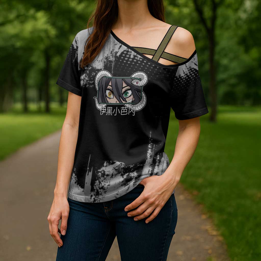 Obanai Iguro Demon Slayer Monochrome Cross Shoulder Shirt Design with Snake and Grunge Texture - The Mazicc