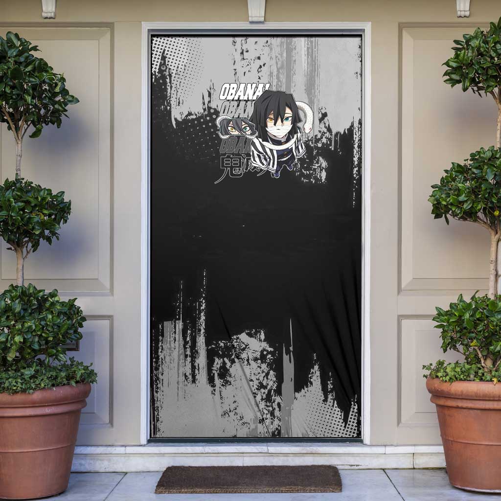 Obanai Iguro Demon Slayer Monochrome Door Cover Design with Snake and Grunge Texture - The Mazicc