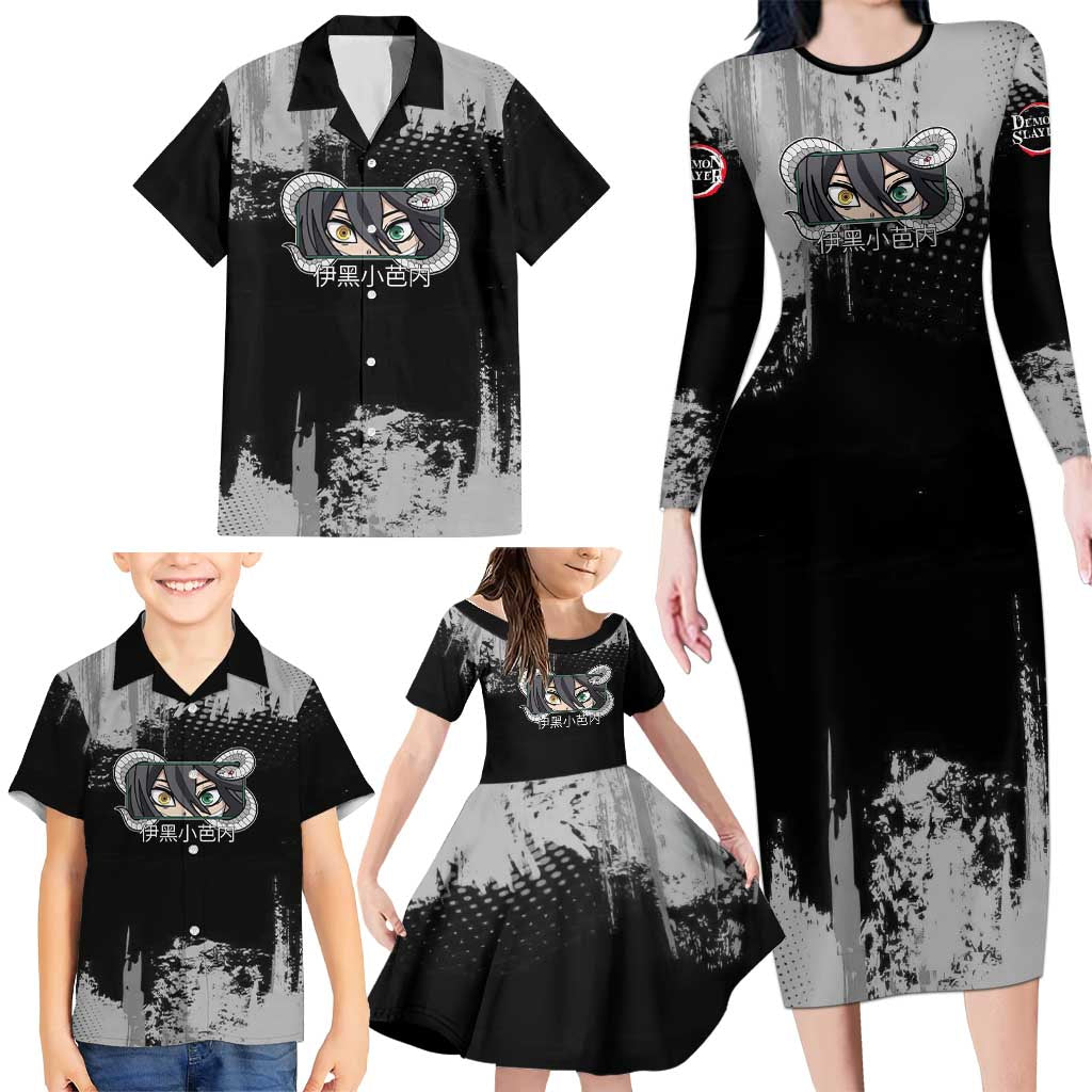 Obanai Iguro Demon Slayer Monochrome Family Matching Long Sleeve Bodycon Dress and Hawaiian Shirt Design with Snake and Grunge Texture