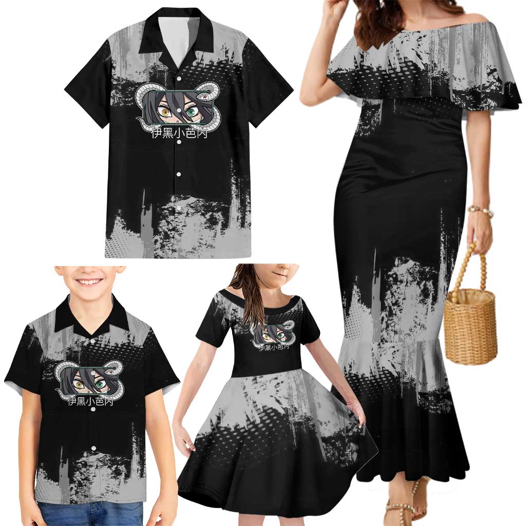 Obanai Iguro Demon Slayer Monochrome Family Matching Mermaid Dress and Hawaiian Shirt Design with Snake and Grunge Texture