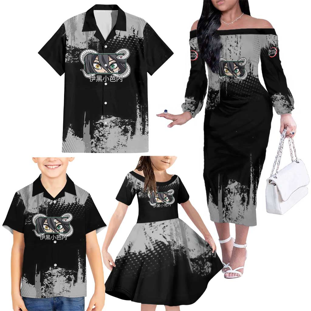Obanai Iguro Demon Slayer Monochrome Family Matching Off The Shoulder Long Sleeve Dress and Hawaiian Shirt Design with Snake and Grunge Texture