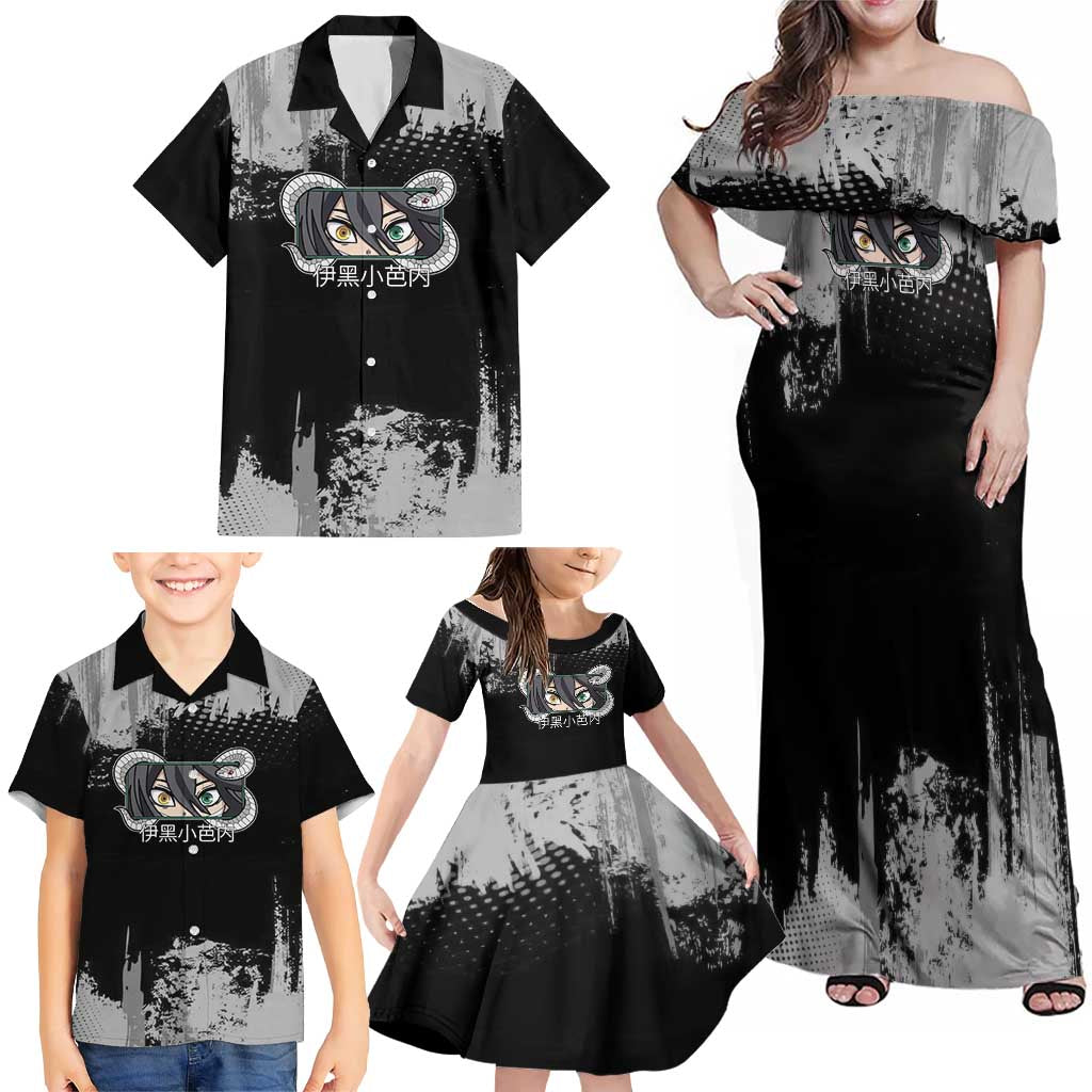 Obanai Iguro Demon Slayer Monochrome Family Matching Off Shoulder Maxi Dress and Hawaiian Shirt Design with Snake and Grunge Texture