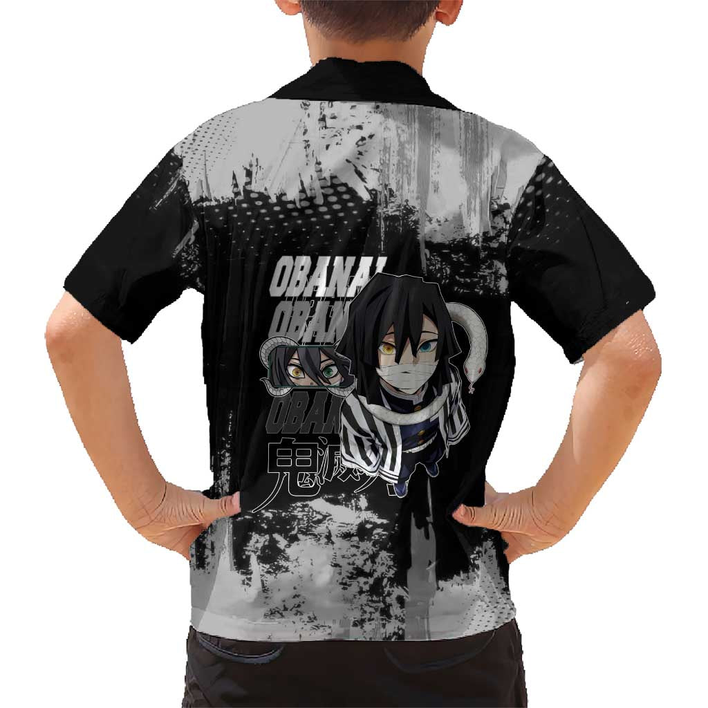 Obanai Iguro Demon Slayer Monochrome Family Matching Off Shoulder Maxi Dress and Hawaiian Shirt Design with Snake and Grunge Texture