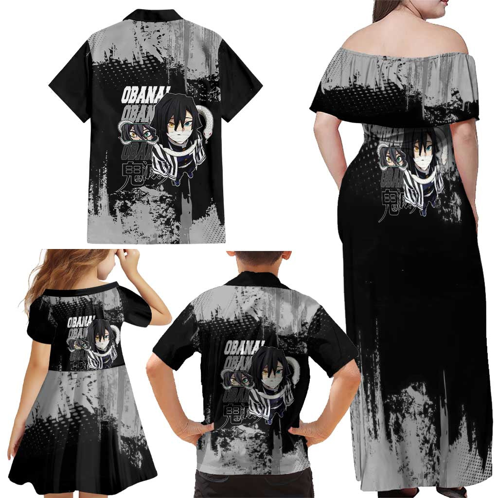 Obanai Iguro Demon Slayer Monochrome Family Matching Off Shoulder Maxi Dress and Hawaiian Shirt Design with Snake and Grunge Texture