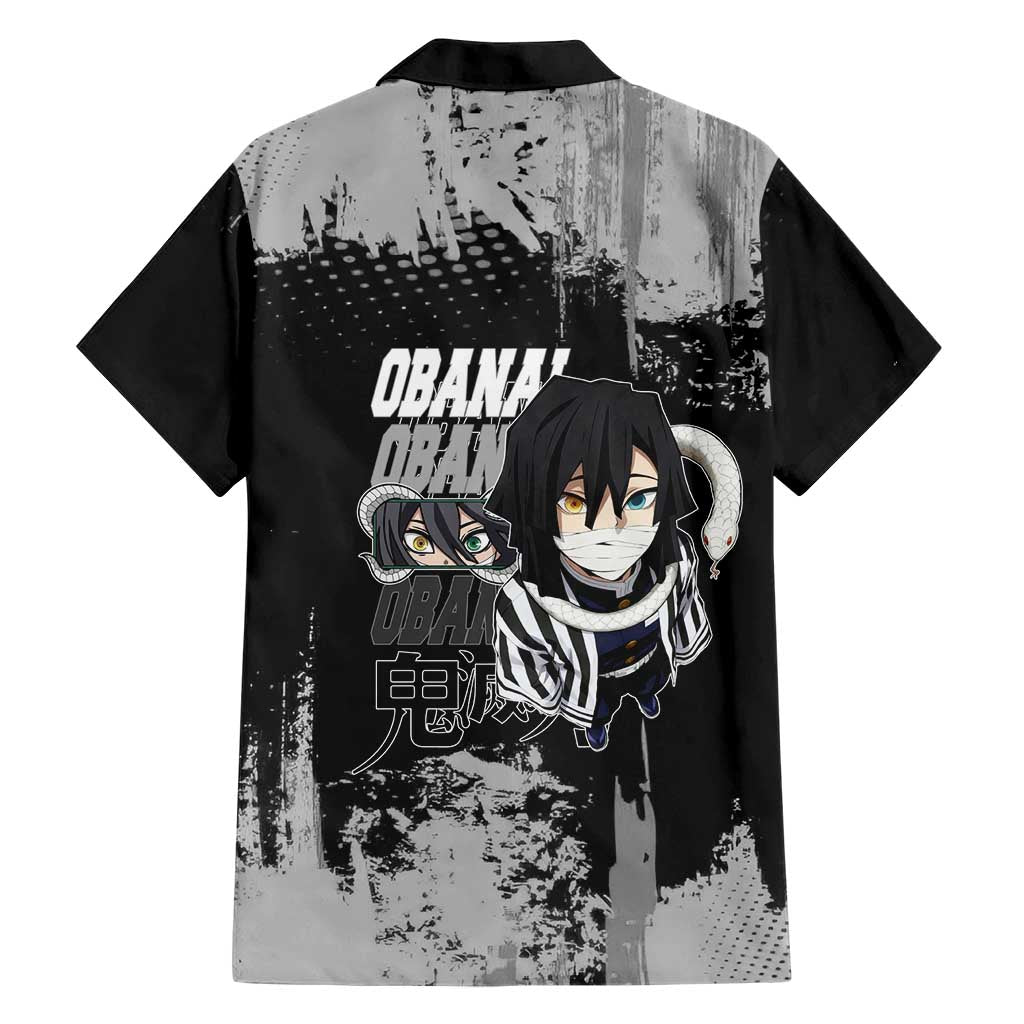 Obanai Iguro Demon Slayer Monochrome Family Matching Off Shoulder Maxi Dress and Hawaiian Shirt Design with Snake and Grunge Texture