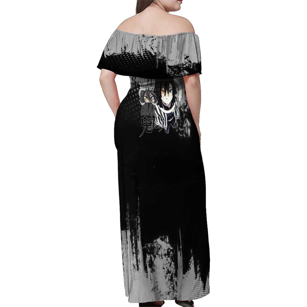 Obanai Iguro Demon Slayer Monochrome Family Matching Off Shoulder Maxi Dress and Hawaiian Shirt Design with Snake and Grunge Texture