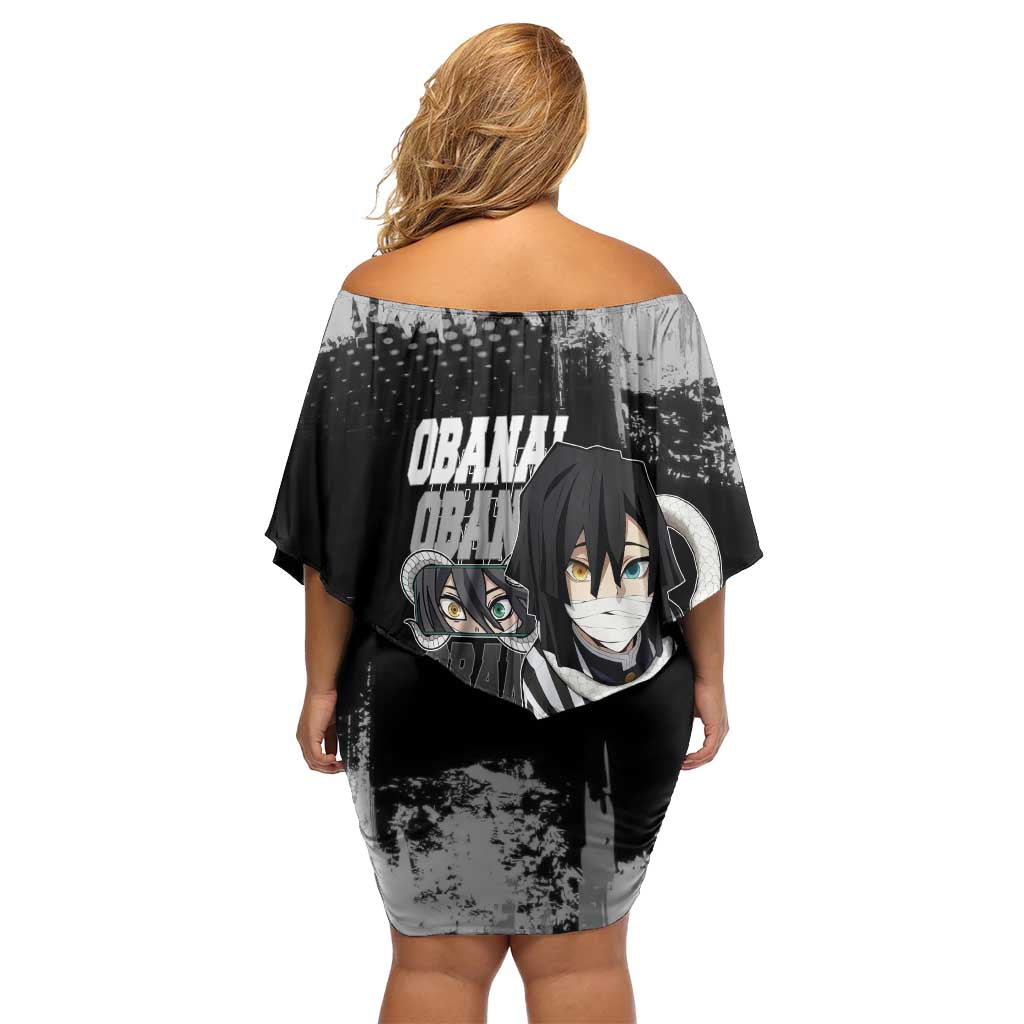 Obanai Iguro Demon Slayer Monochrome Family Matching Off Shoulder Short Dress and Hawaiian Shirt Design with Snake and Grunge Texture
