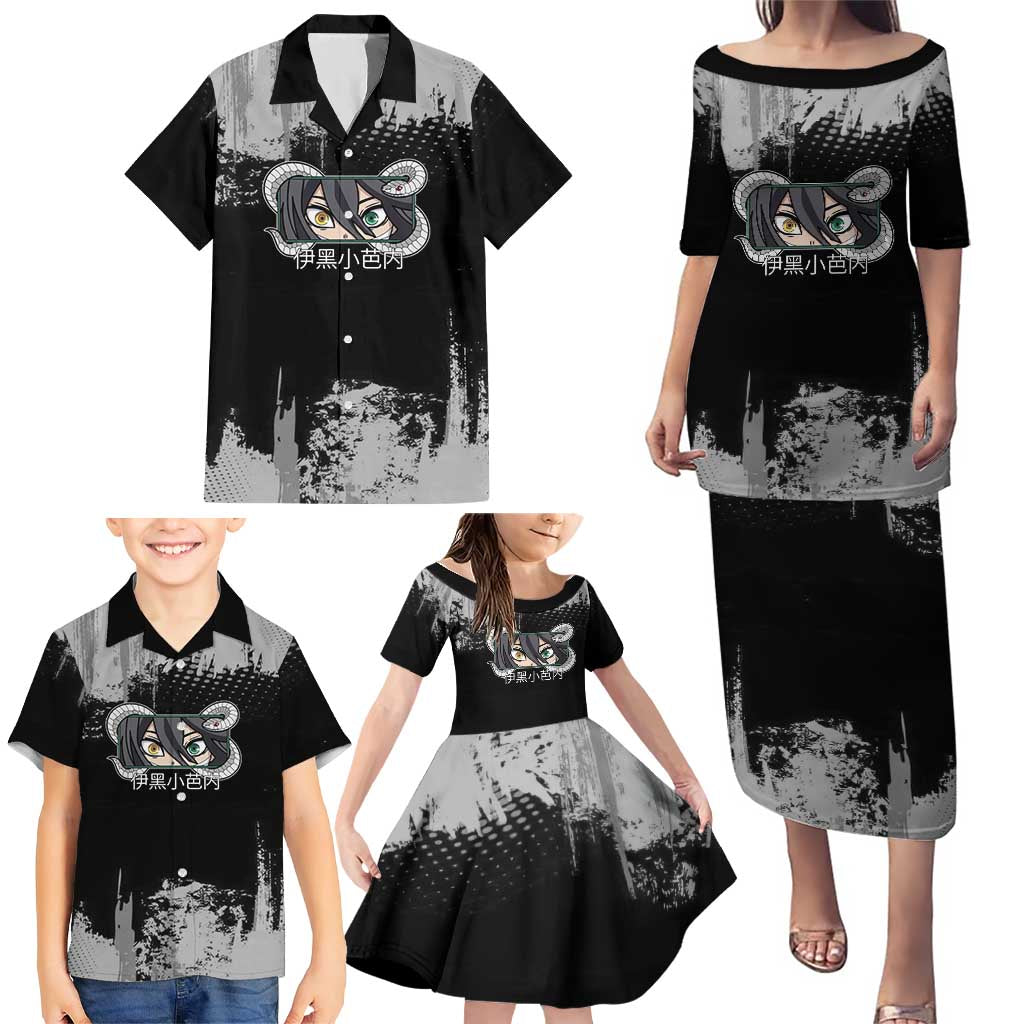 Obanai Iguro Demon Slayer Monochrome Family Matching Puletasi and Hawaiian Shirt Design with Snake and Grunge Texture