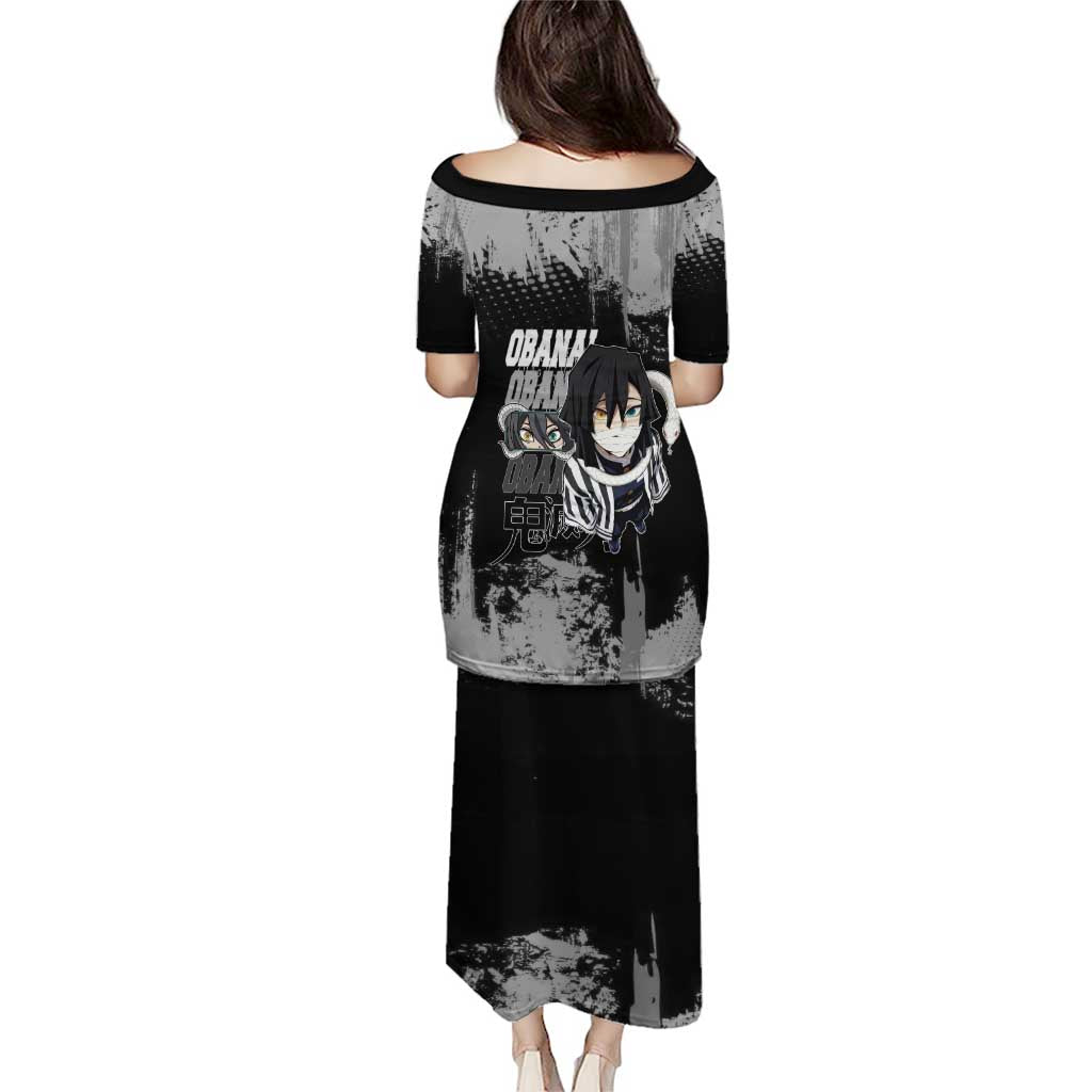 Obanai Iguro Demon Slayer Monochrome Family Matching Puletasi and Hawaiian Shirt Design with Snake and Grunge Texture