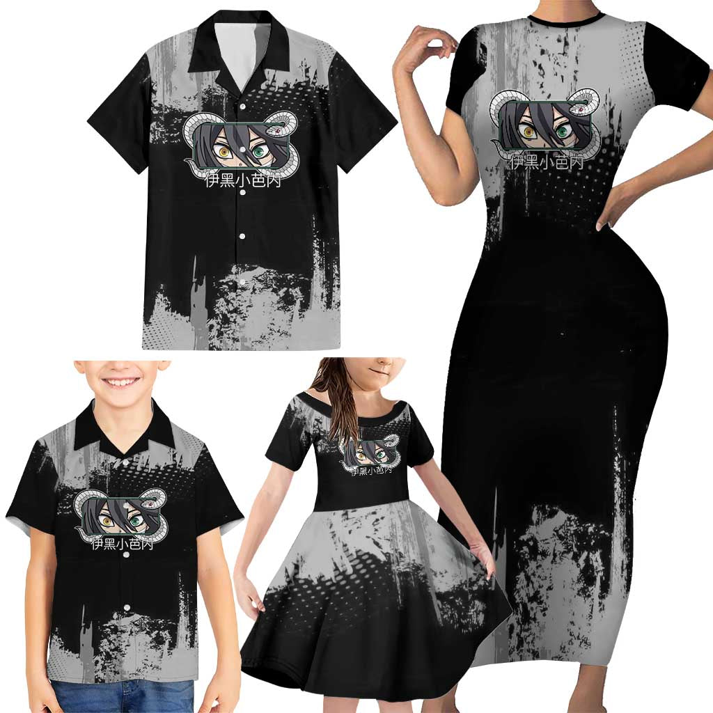 Obanai Iguro Demon Slayer Monochrome Family Matching Short Sleeve Bodycon Dress and Hawaiian Shirt Design with Snake and Grunge Texture