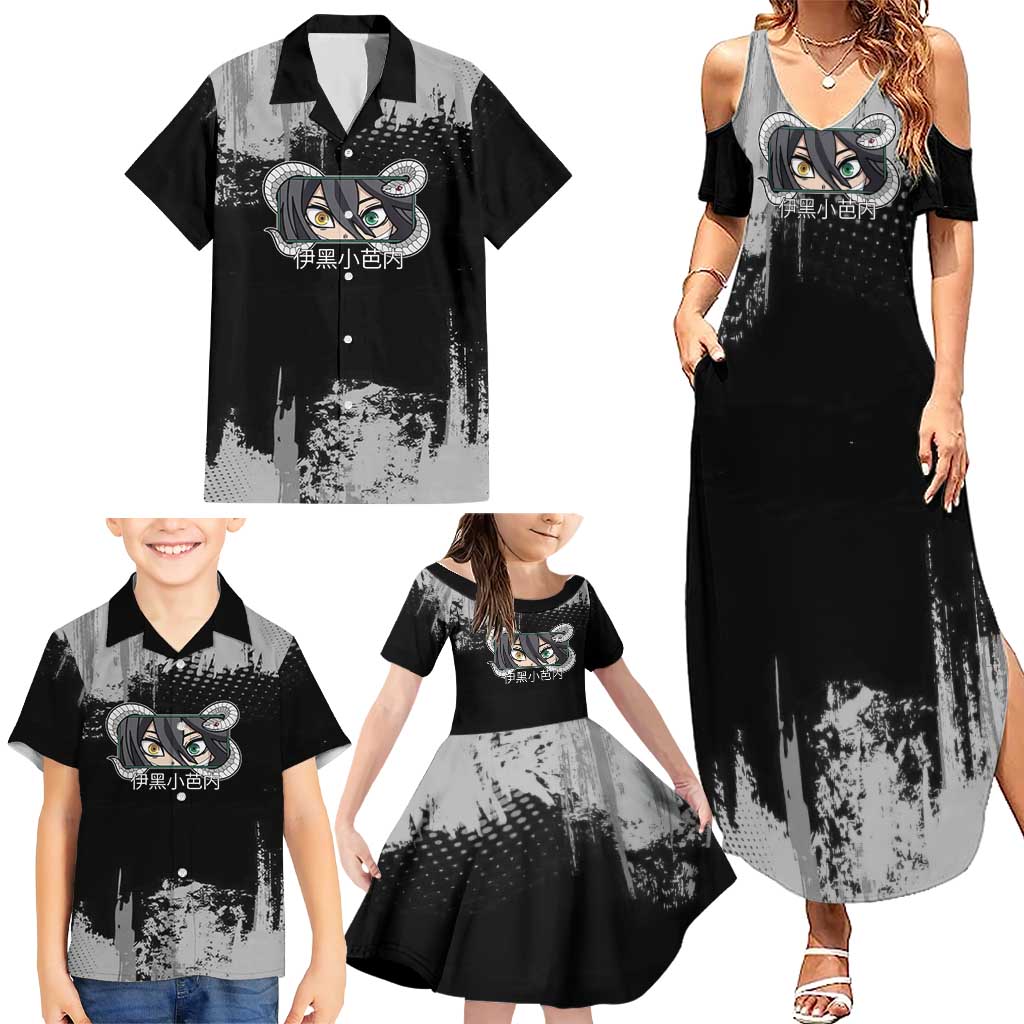 Obanai Iguro Demon Slayer Monochrome Family Matching Summer Maxi Dress and Hawaiian Shirt Design with Snake and Grunge Texture