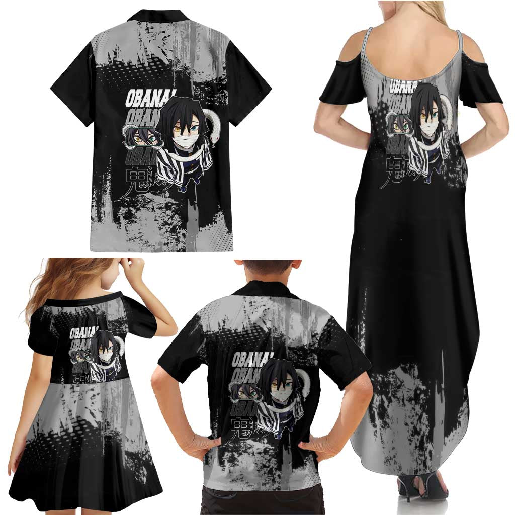Obanai Iguro Demon Slayer Monochrome Family Matching Summer Maxi Dress and Hawaiian Shirt Design with Snake and Grunge Texture
