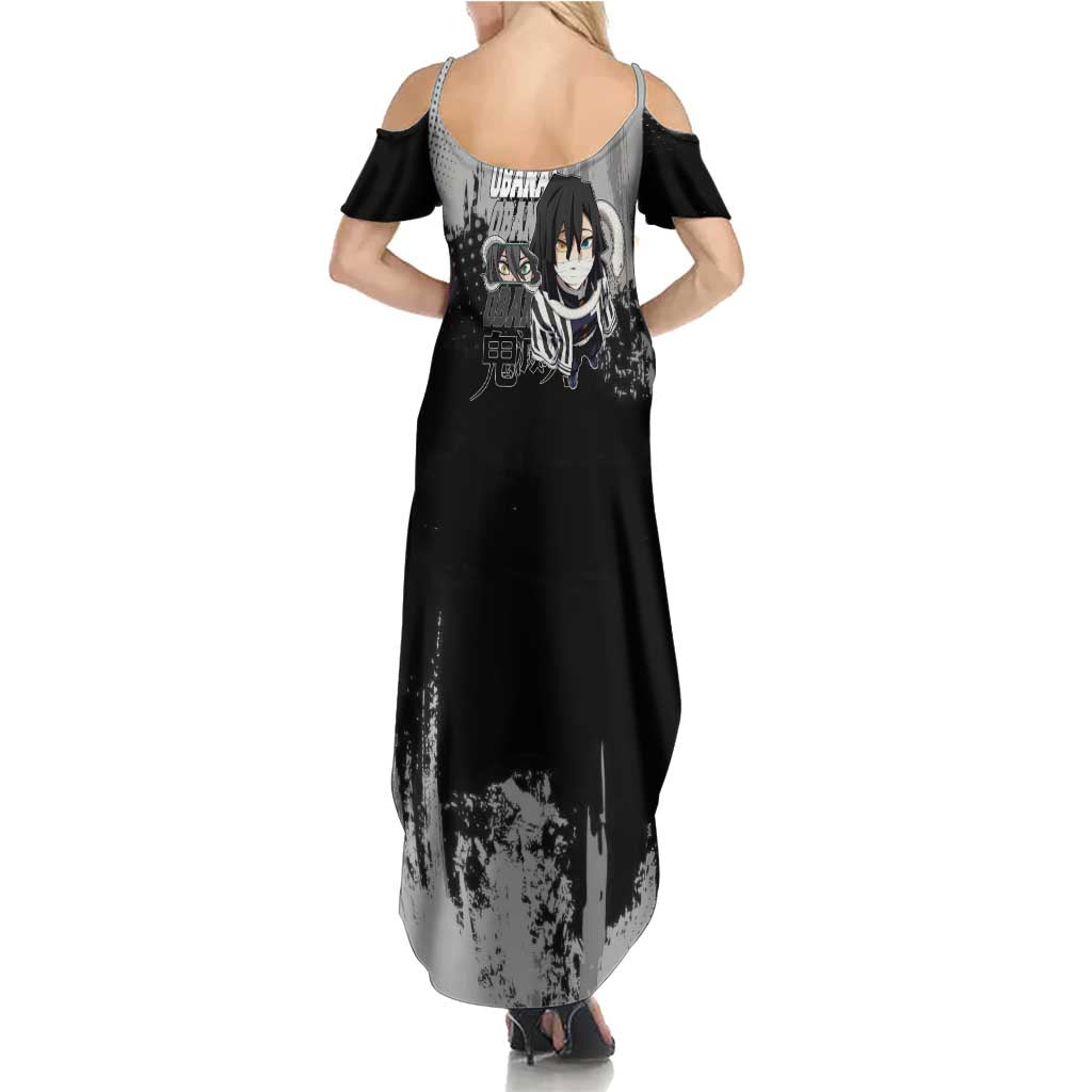 Obanai Iguro Demon Slayer Monochrome Family Matching Summer Maxi Dress and Hawaiian Shirt Design with Snake and Grunge Texture