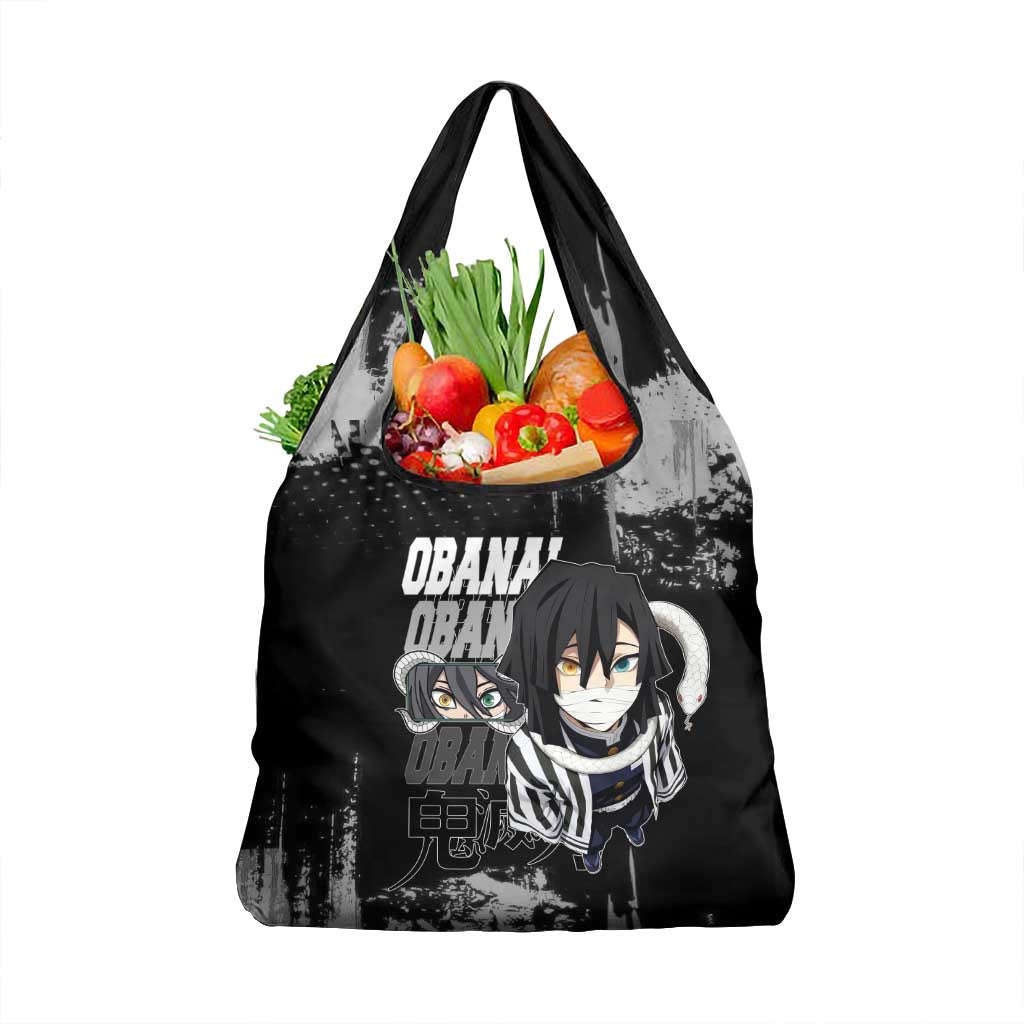 Obanai Iguro Demon Slayer Monochrome Grocery Bag Design with Snake and Grunge Texture - The Mazicc