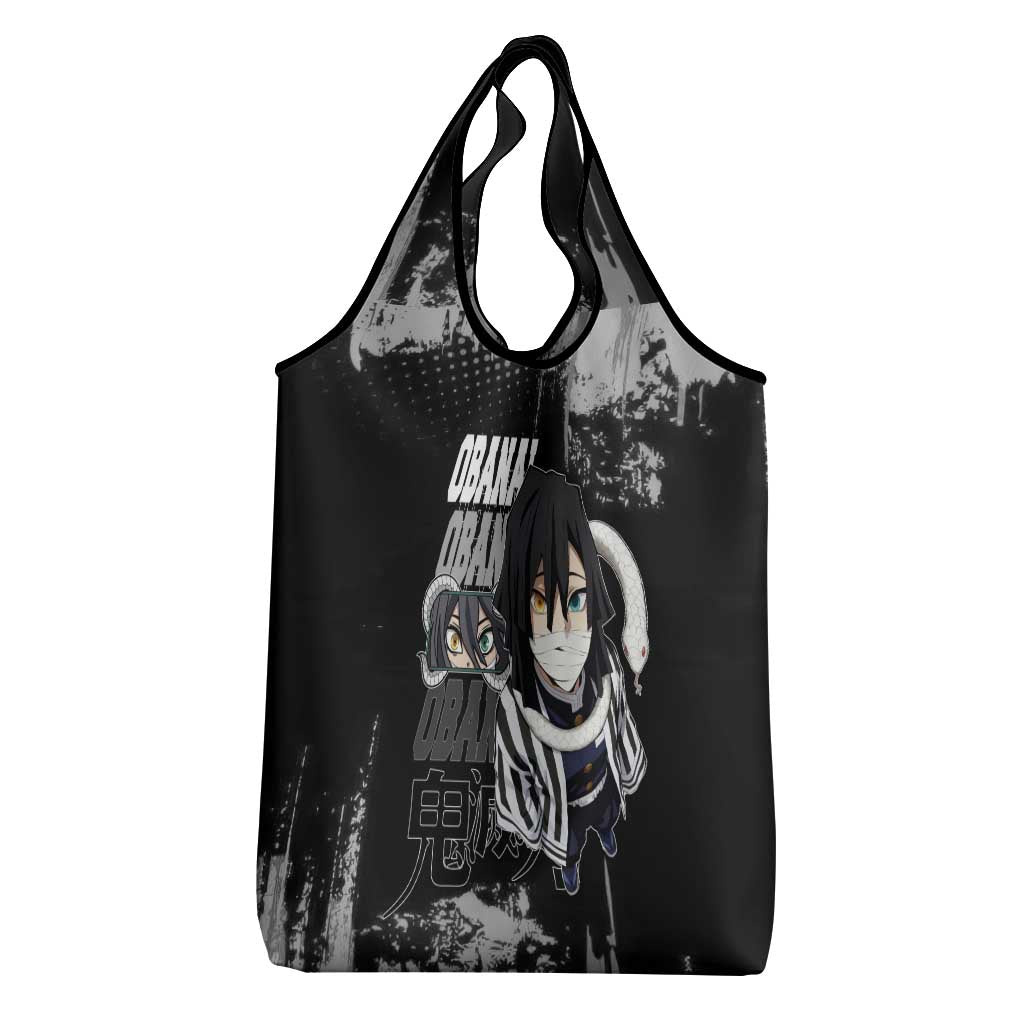 Obanai Iguro Demon Slayer Monochrome Grocery Bag Design with Snake and Grunge Texture - The Mazicc