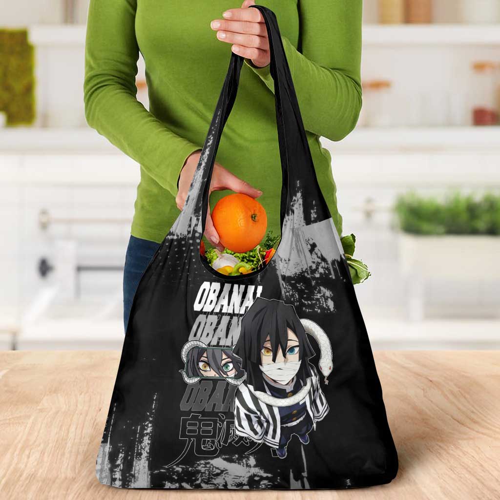 Obanai Iguro Demon Slayer Monochrome Grocery Bag Design with Snake and Grunge Texture - The Mazicc