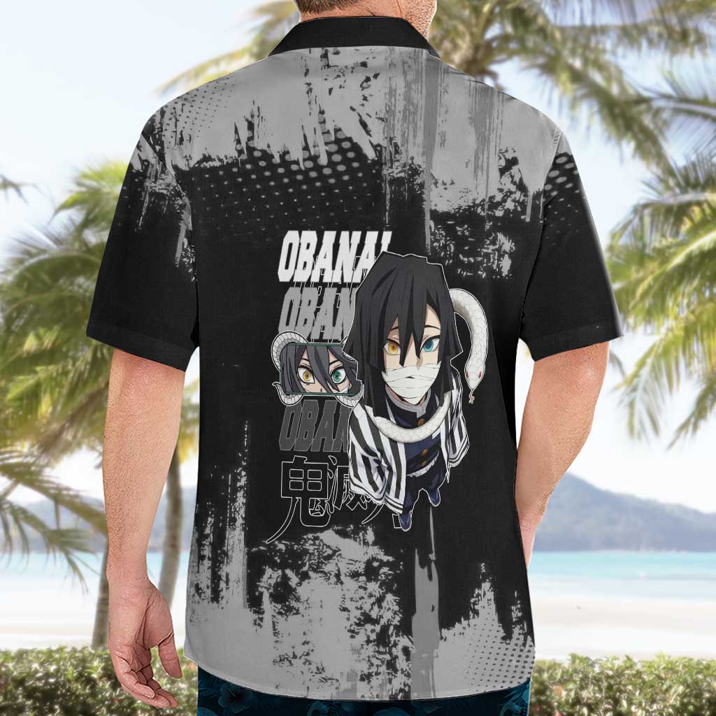 Obanai Iguro Demon Slayer Monochrome Hawaiian Shirt Design with Snake and Grunge Texture - The Mazicc