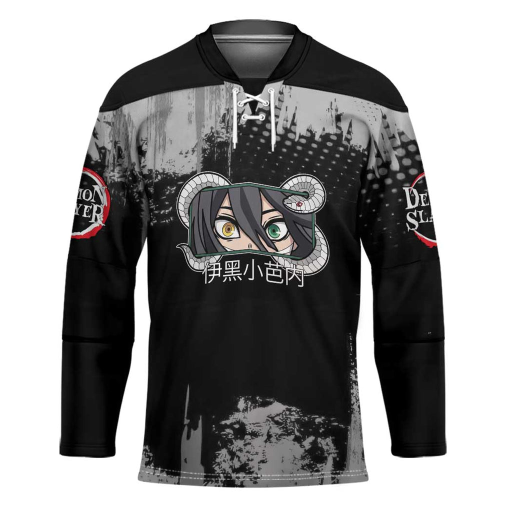 Obanai Iguro Demon Slayer Monochrome Hockey Jersey Design with Snake and Grunge Texture - The Mazicc