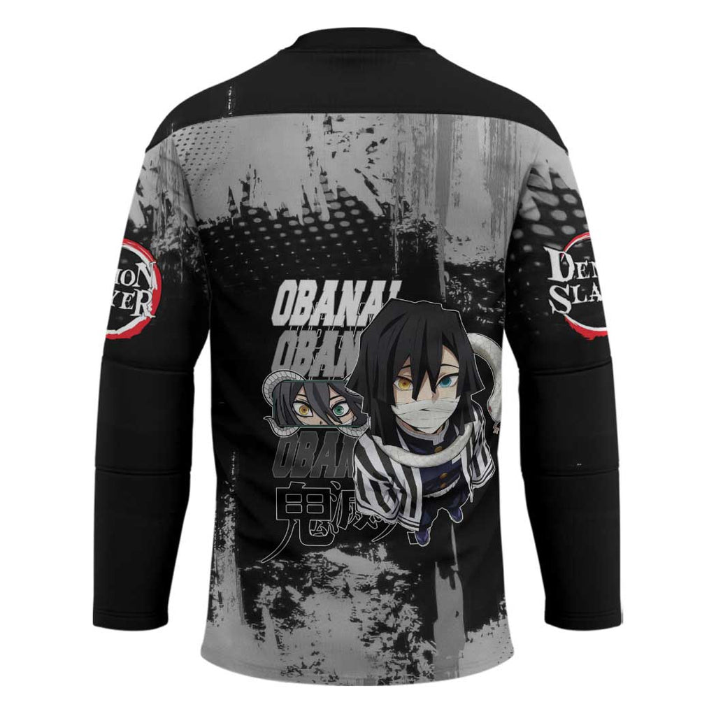 Obanai Iguro Demon Slayer Monochrome Hockey Jersey Design with Snake and Grunge Texture - The Mazicc
