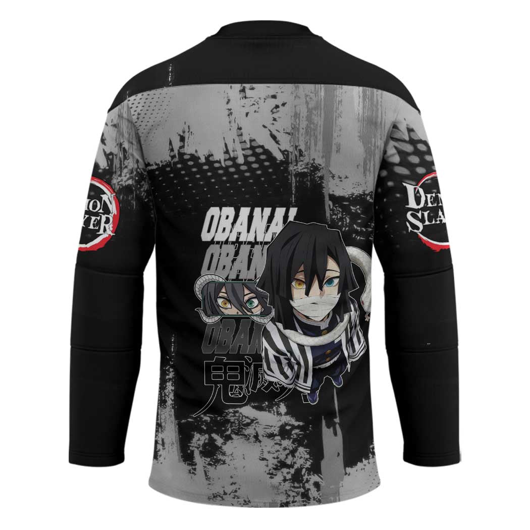 Obanai Iguro Demon Slayer Monochrome Hockey Jersey Design with Snake and Grunge Texture - The Mazicc