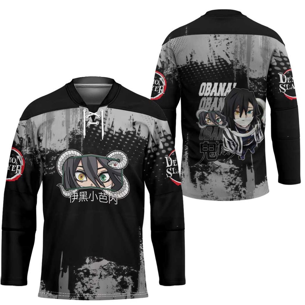 Obanai Iguro Demon Slayer Monochrome Hockey Jersey Design with Snake and Grunge Texture - The Mazicc