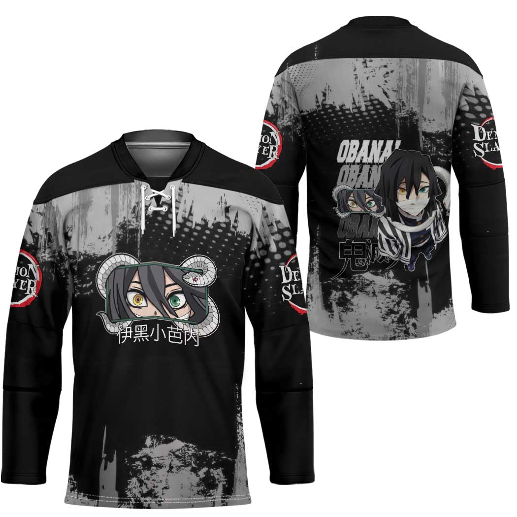 Obanai Iguro Demon Slayer Monochrome Hockey Jersey Design with Snake and Grunge Texture - The Mazicc