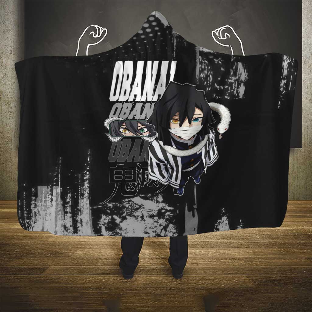 Obanai Iguro Demon Slayer Monochrome Hooded Blanket Design with Snake and Grunge Texture - The Mazicc