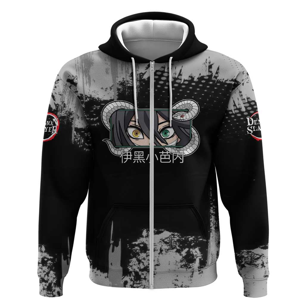 Obanai Iguro Demon Slayer Monochrome Hoodie Design with Snake and Grunge Texture - The Mazicc