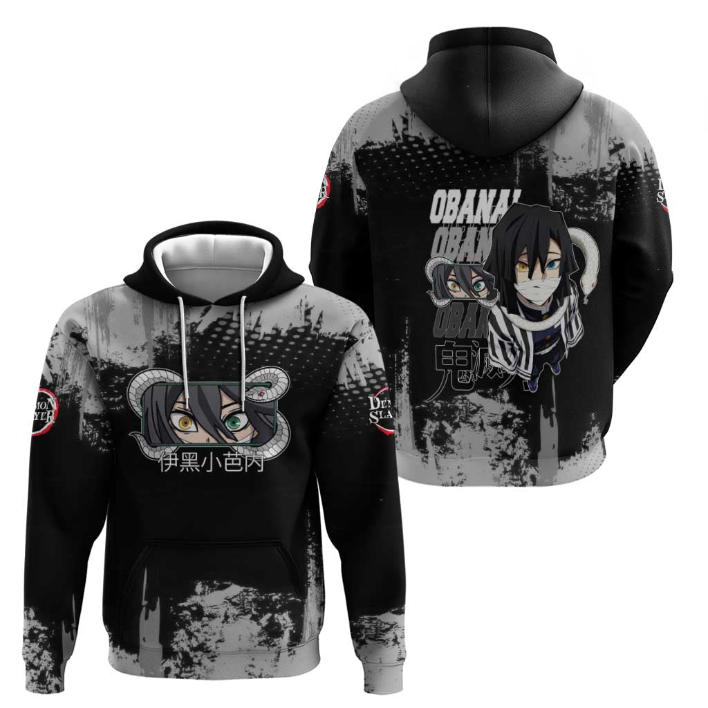 Obanai Iguro Demon Slayer Monochrome Hoodie Design with Snake and Grunge Texture - The Mazicc