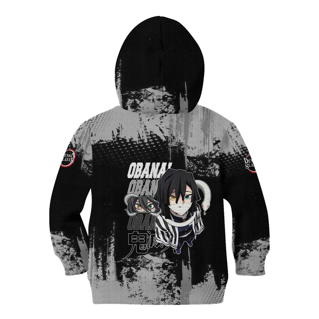 Obanai Iguro Demon Slayer Monochrome Kid Hoodie Design with Snake and Grunge Texture - The Mazicc