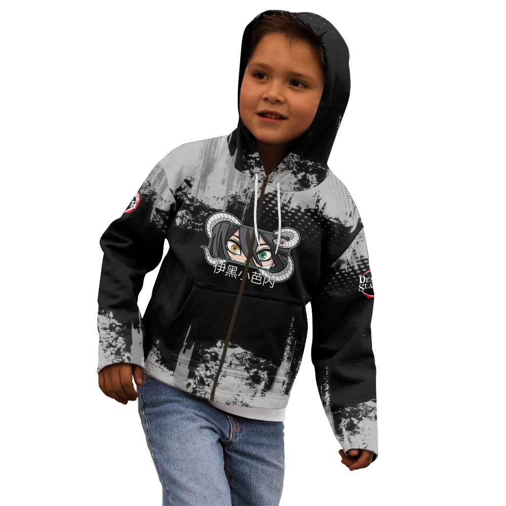 Obanai Iguro Demon Slayer Monochrome Kid Hoodie Design with Snake and Grunge Texture - The Mazicc