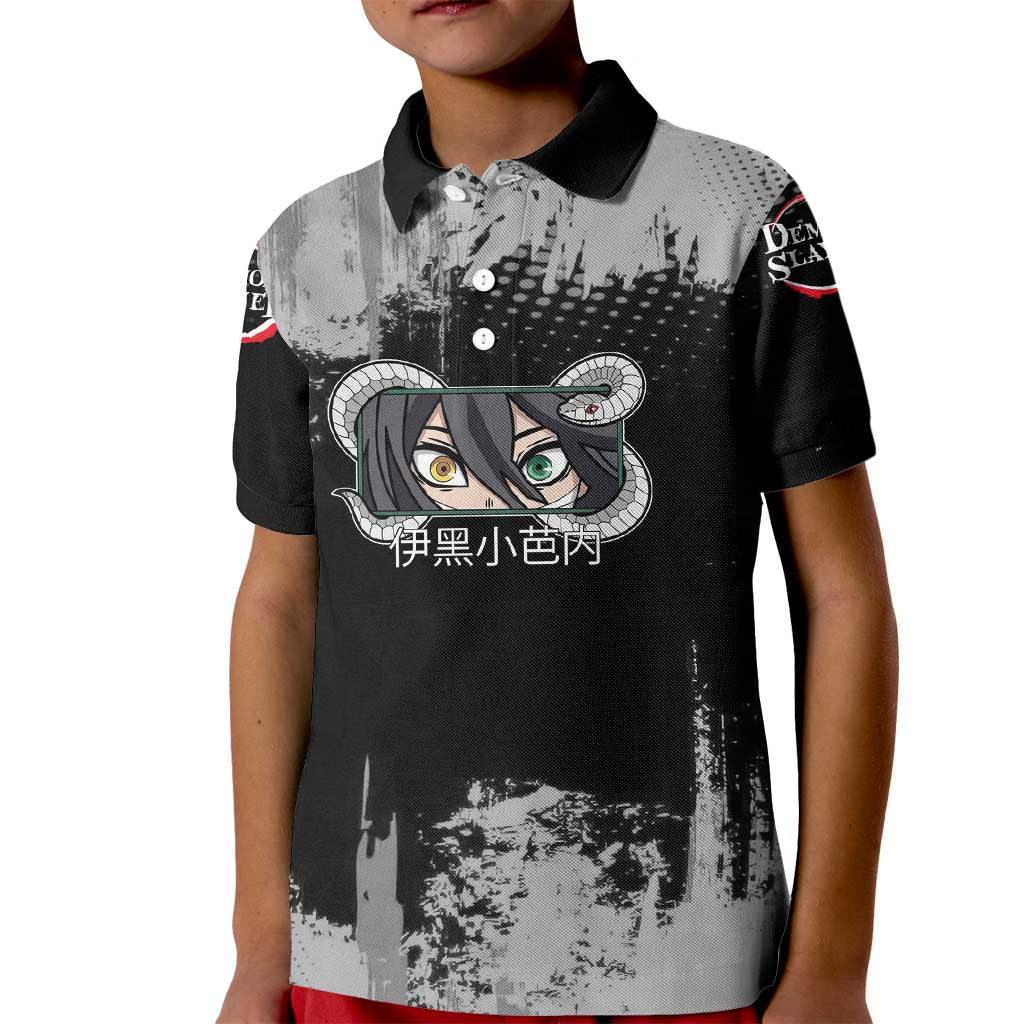 Obanai Iguro Demon Slayer Monochrome Kid Polo Shirt Design with Snake and Grunge Texture - The Mazicc