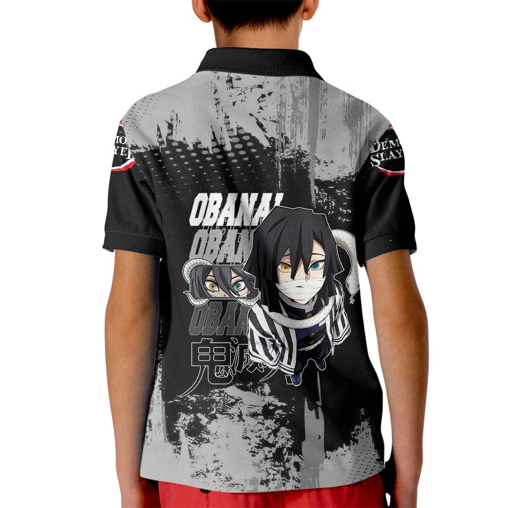 Obanai Iguro Demon Slayer Monochrome Kid Polo Shirt Design with Snake and Grunge Texture - The Mazicc