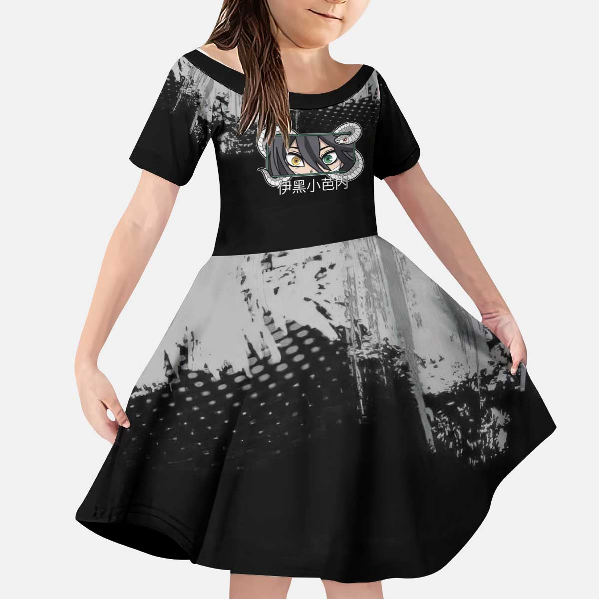 Obanai Iguro Demon Slayer Monochrome Kid Short Sleeve Dress Design with Snake and Grunge Texture - The Mazicc