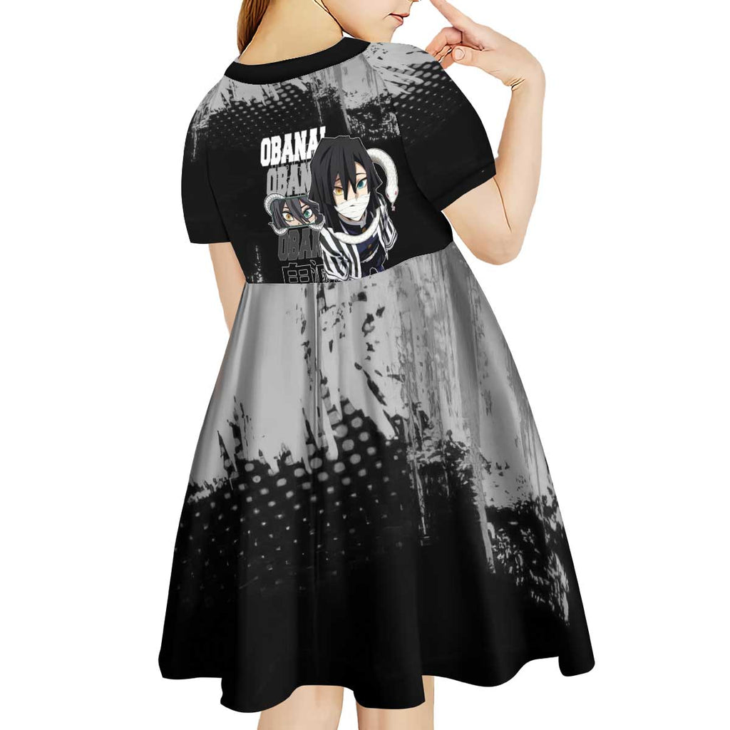 Obanai Iguro Demon Slayer Monochrome Kid Short Sleeve Dress Design with Snake and Grunge Texture - The Mazicc