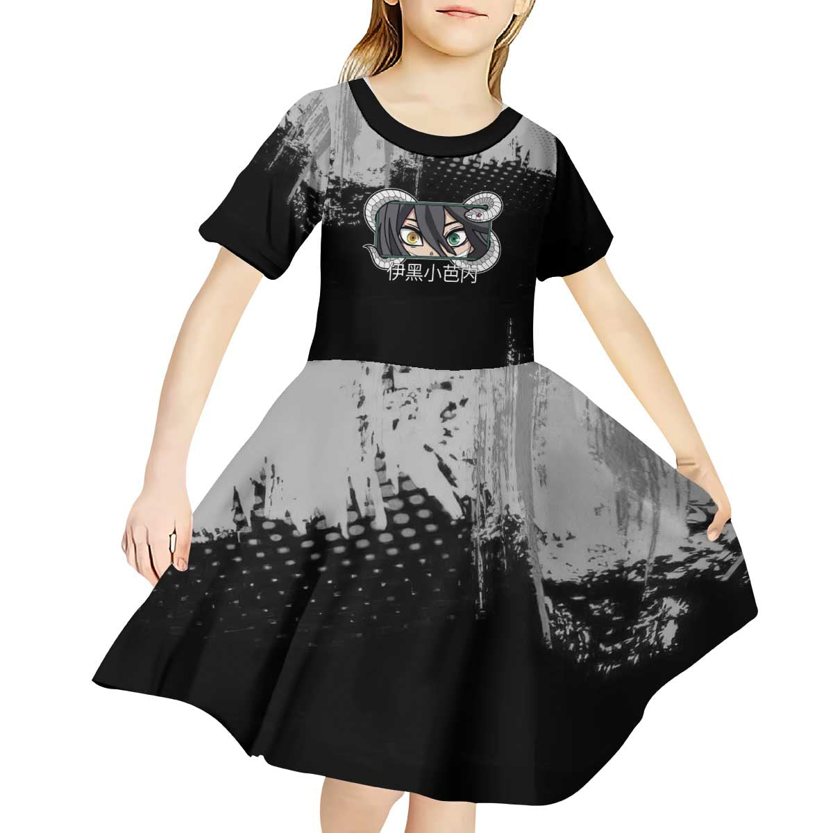 Obanai Iguro Demon Slayer Monochrome Kid Short Sleeve Dress Design with Snake and Grunge Texture - The Mazicc