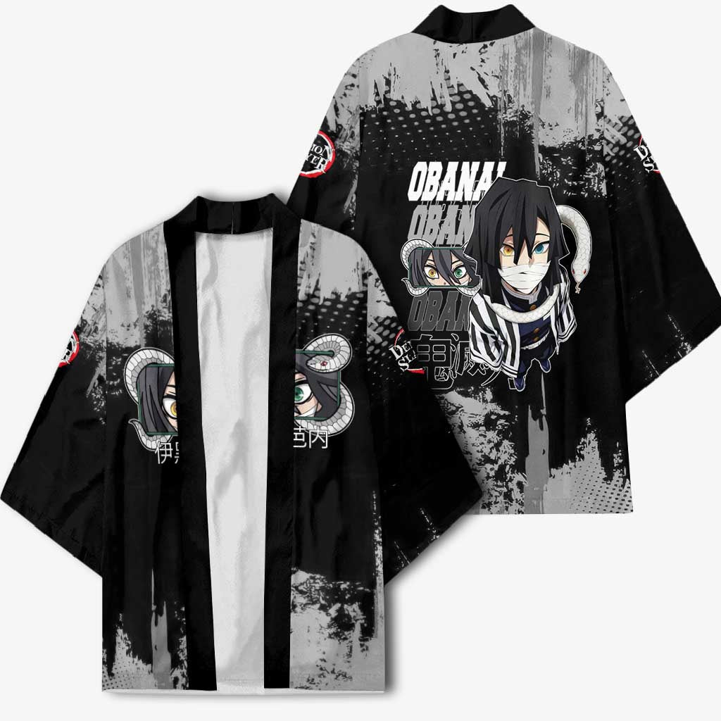 Obanai Iguro Demon Slayer Monochrome Kimono Design with Snake and Grunge Texture - The Mazicc