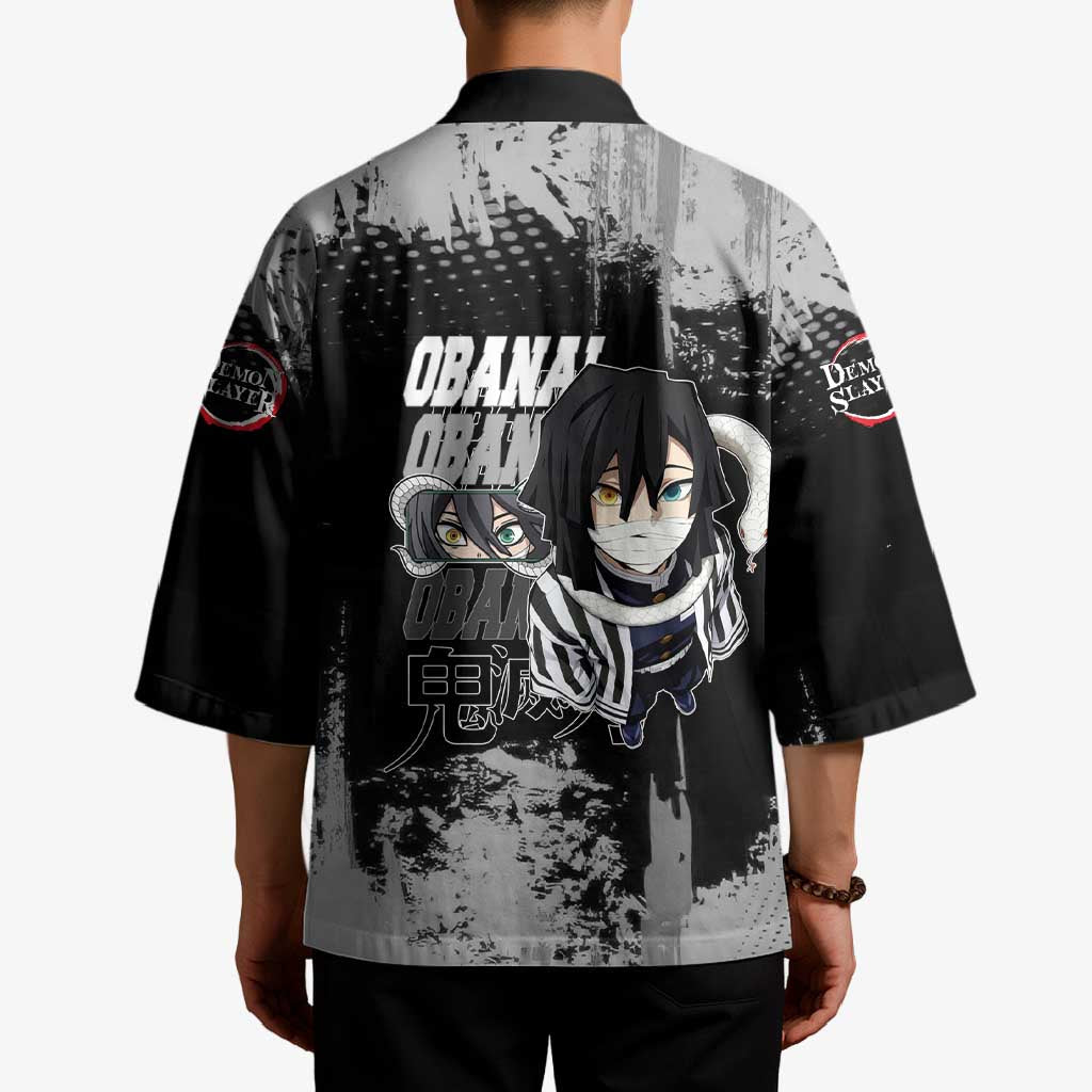 Obanai Iguro Demon Slayer Monochrome Kimono Design with Snake and Grunge Texture - The Mazicc