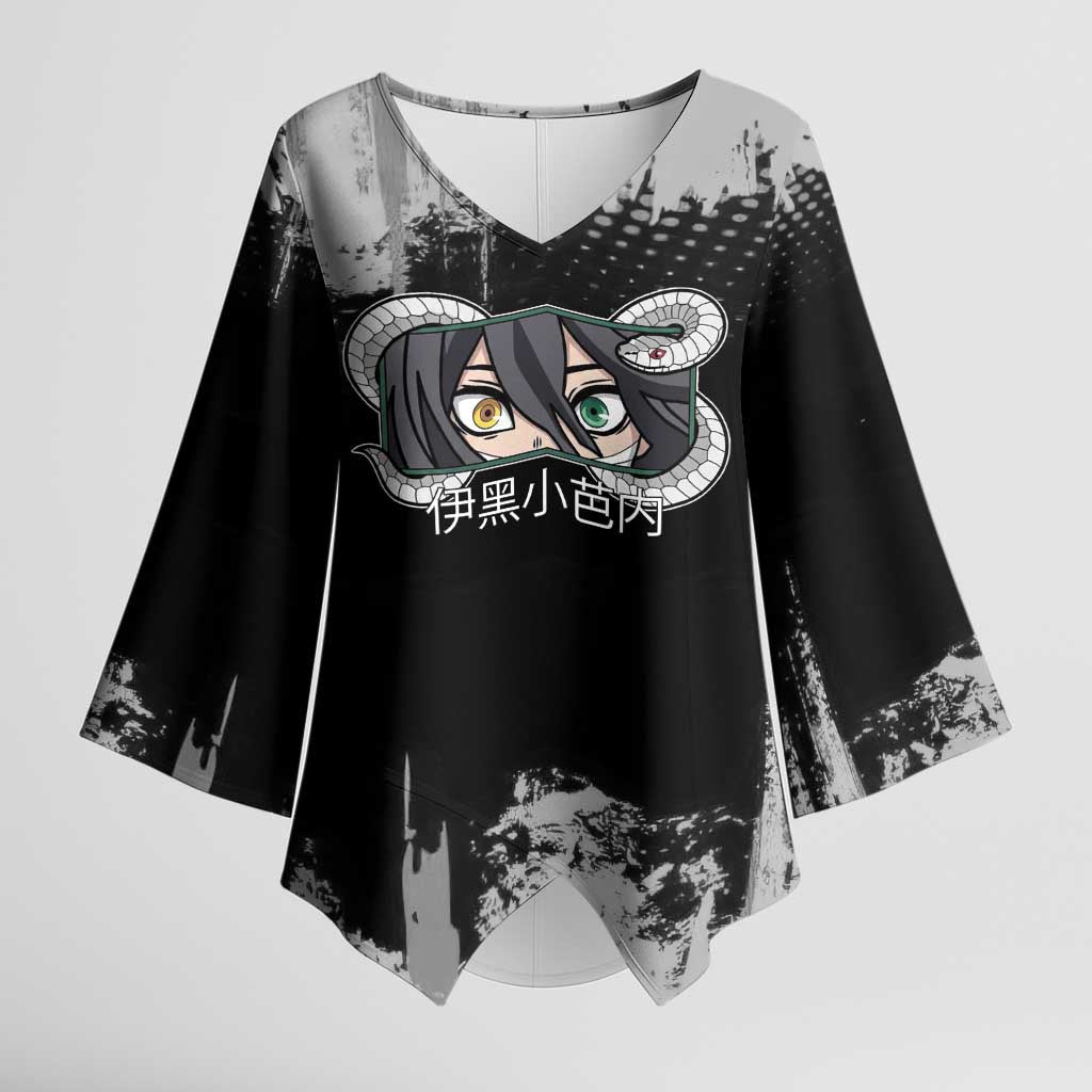 Obanai Iguro Demon Slayer Monochrome Kimono Sleeve Blouse Design with Snake and Grunge Texture - The Mazicc