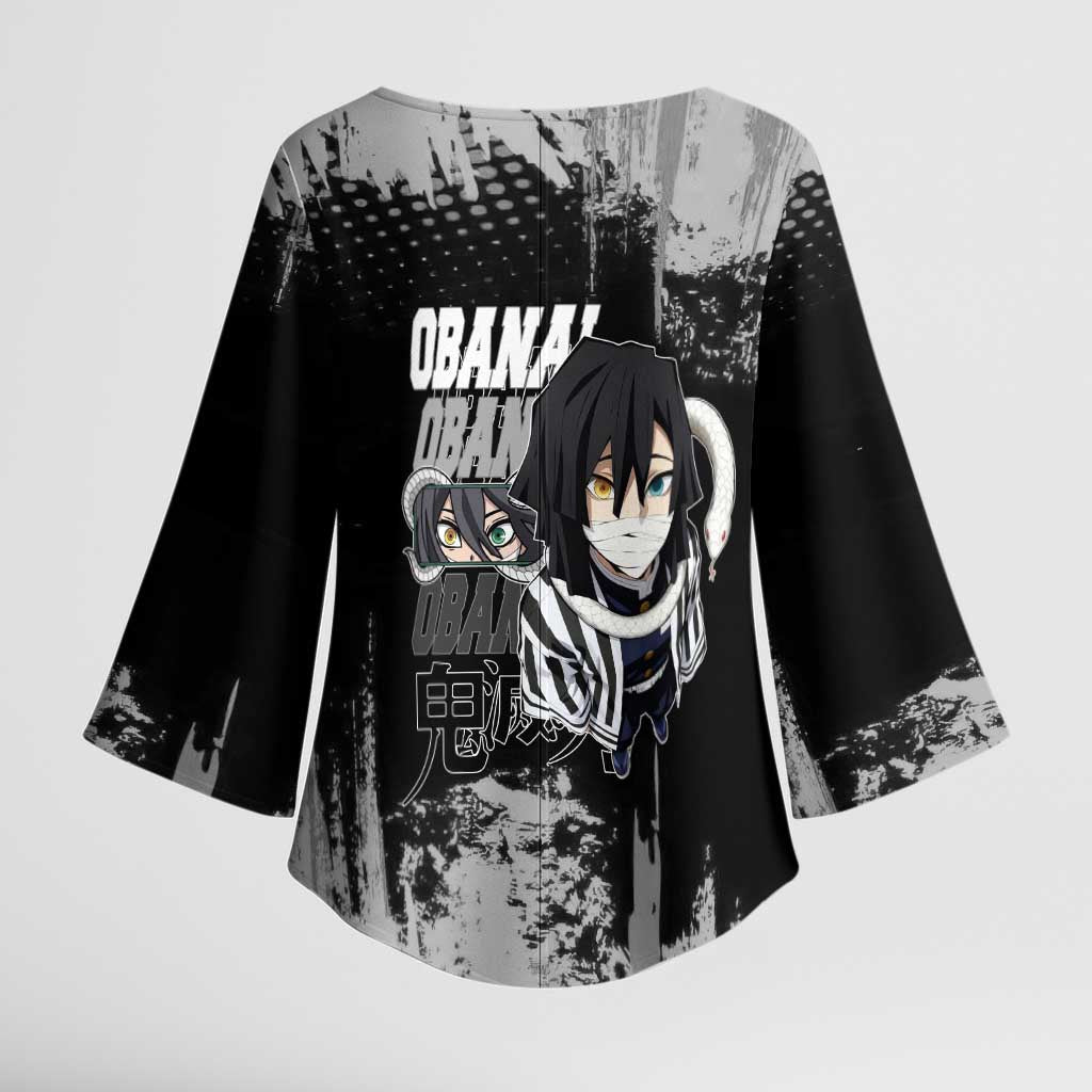 Obanai Iguro Demon Slayer Monochrome Kimono Sleeve Blouse Design with Snake and Grunge Texture - The Mazicc