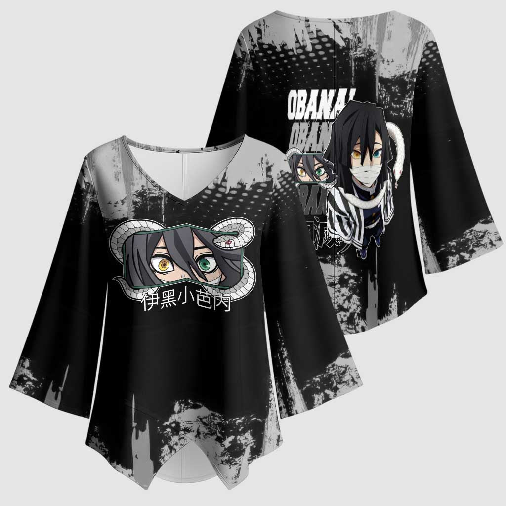 Obanai Iguro Demon Slayer Monochrome Kimono Sleeve Blouse Design with Snake and Grunge Texture - The Mazicc