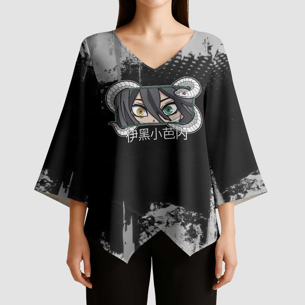 Obanai Iguro Demon Slayer Monochrome Kimono Sleeve Blouse Design with Snake and Grunge Texture - The Mazicc