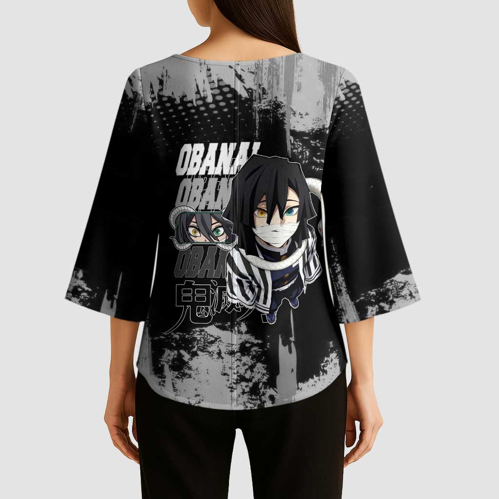 Obanai Iguro Demon Slayer Monochrome Kimono Sleeve Blouse Design with Snake and Grunge Texture - The Mazicc