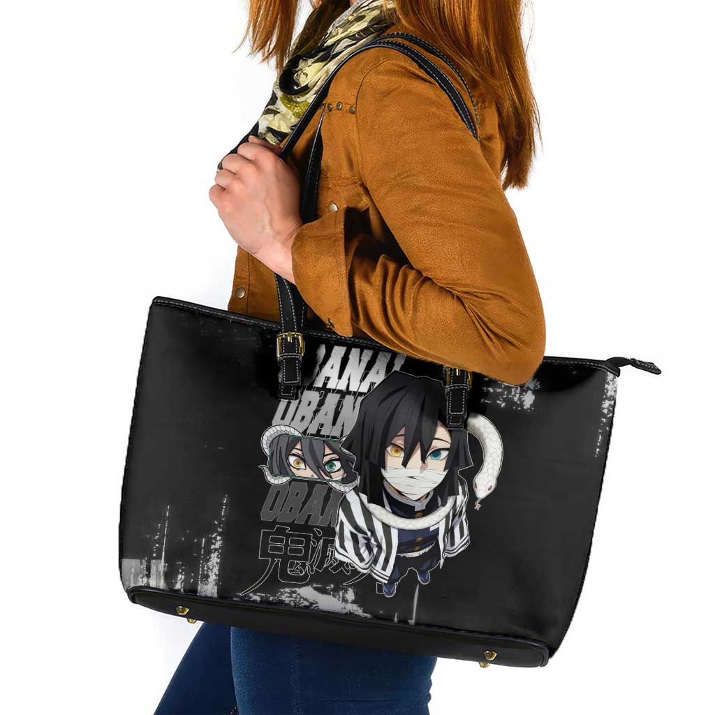 Obanai Iguro Demon Slayer Monochrome Leather Tote Bag Design with Snake and Grunge Texture - The Mazicc