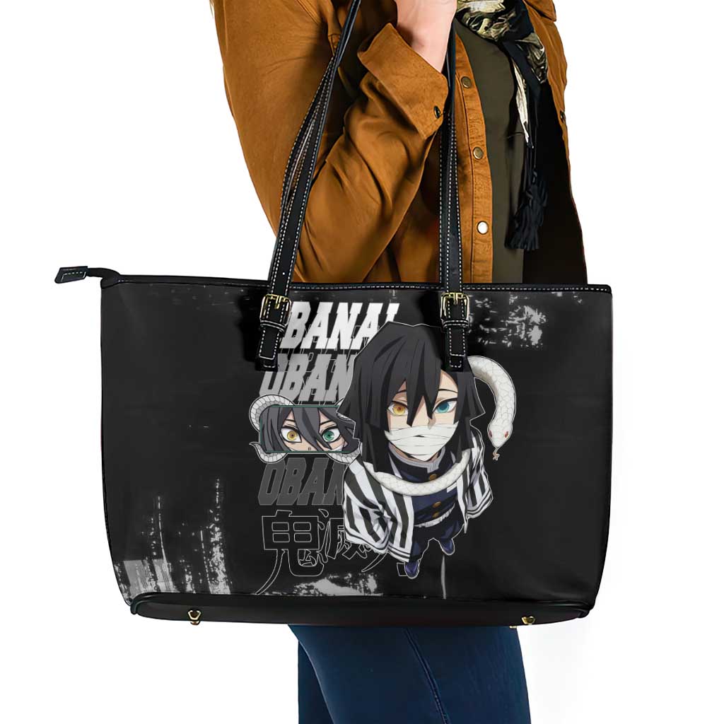 Obanai Iguro Demon Slayer Monochrome Leather Tote Bag Design with Snake and Grunge Texture - The Mazicc
