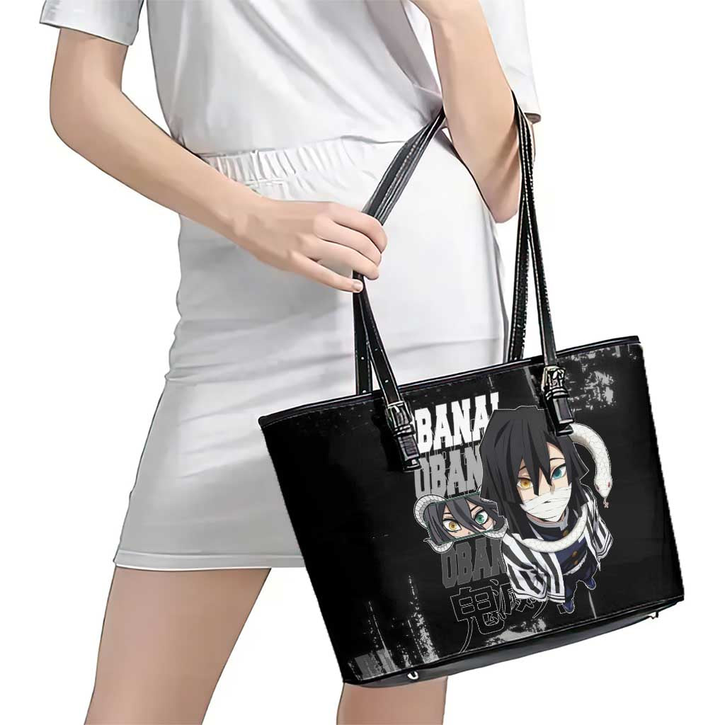 Obanai Iguro Demon Slayer Monochrome Leather Tote Bag Design with Snake and Grunge Texture - The Mazicc